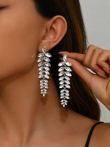 Shein - 1 Pair European & American Exaggerated Fully Rhinestone Leaf Earrings