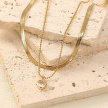 Shein - 2pcs/Set Trendy Charming Versatile Zirconia Heart Pendant Minimalist Multilayer Necklace