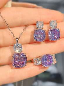 Shein - New Fashion Ice Flower Cut Purple Cubic Zirconia Bridal Jewelry Sets