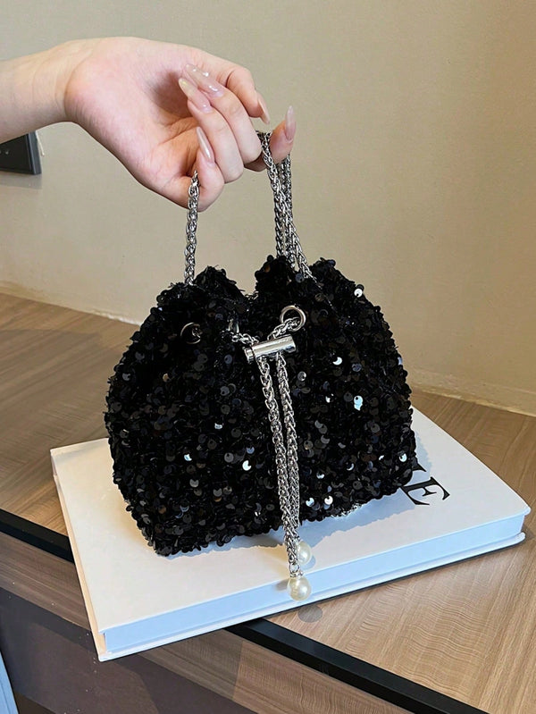 Shein - 1pc Drawstring Closure PVC Sequined Metallic Faux Pearl Decor Colorful Bucket Bag,