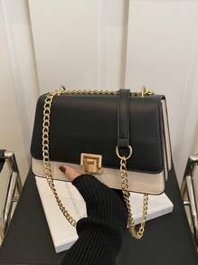 Shein - Fashion Color Contrast Small Square Bag Metal Lock Simple Chain Bag