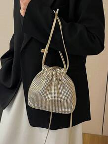 Shein - 1pc Quilted Drawstring Closure PVC Sequin Bucket Bag