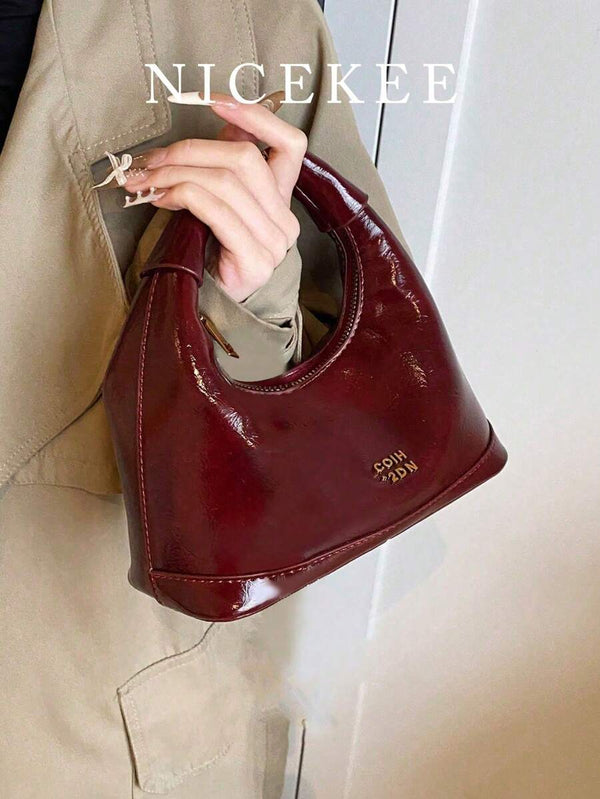 Shein- Burgundy Vintage Waxed Leather Glossy Handbag