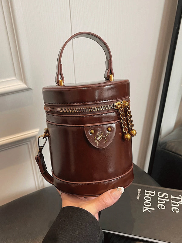 Shein- Fashion Classic Joker Pu Waterproof Fabric, Pattern Decoration, Zipper Bucket Bag