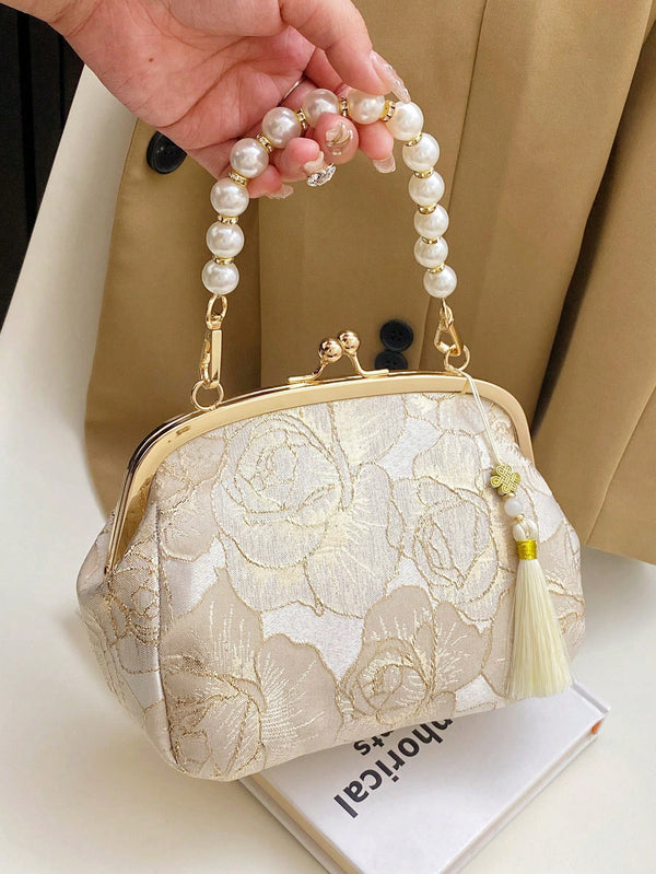 Shein - Women Summer Fashion Handbag, Beaded Embroidery Tassel Flower Print Clutch Purse
