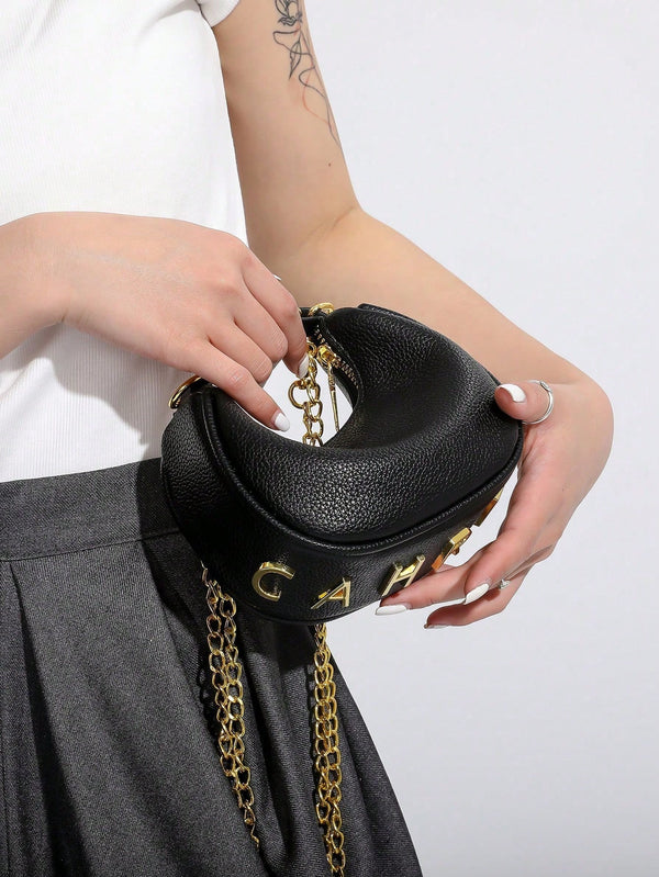 Shein - Leopard Print Crescent Moon Decor Chain Handle Mini Letter Charm Shoulder Crossbody Bag,
