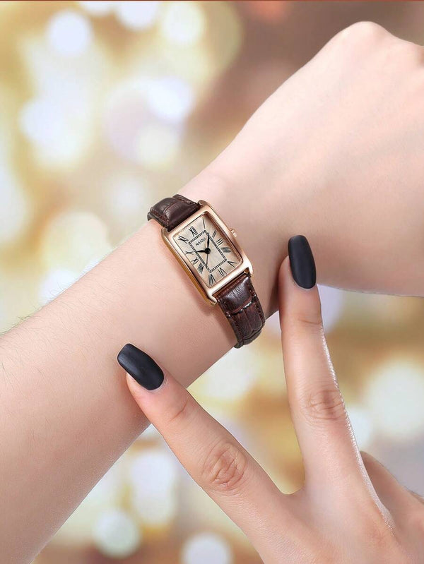 Shein - 1pc Women's Vintage Minimalist Roman Numeral Small Square Leather Belt Watch
