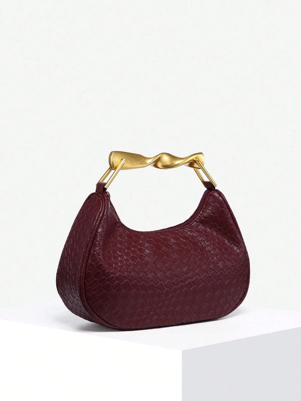 Shein - 1pc Women's Retro Simple Casual Metal Handle Decor Soft Faux Leather Angola Red Crescent Handbag