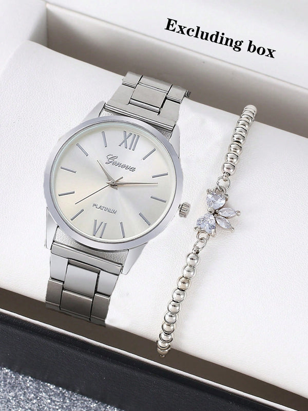 Shein - 2pcs/Set Women's Roman Numeral Dial Quartz Watch With Steel Band + Gemstone Butterfly Bracelet