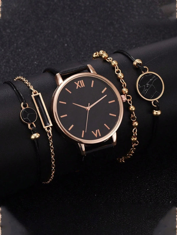 Shein - New Minimalist Watch Set, Quartz Watch With PU Leather Strap, Women Watch With Bracelet Set