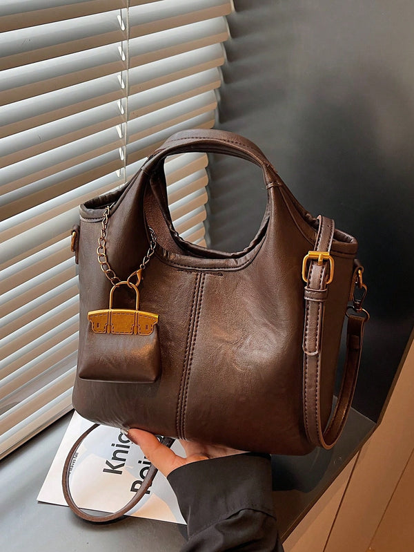 Shein - 1pc Faux Leather Solid Color Retro Women Bucket Bag, Fashion Handbag