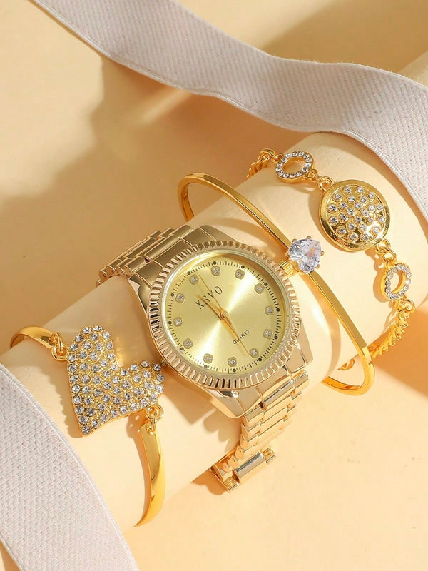 Shein - 4pcs/Set Elegant Quartz Wrist Watch With Rhinestone Heart Bracelet, Minimalist Scale Stainless Steel Band Watch