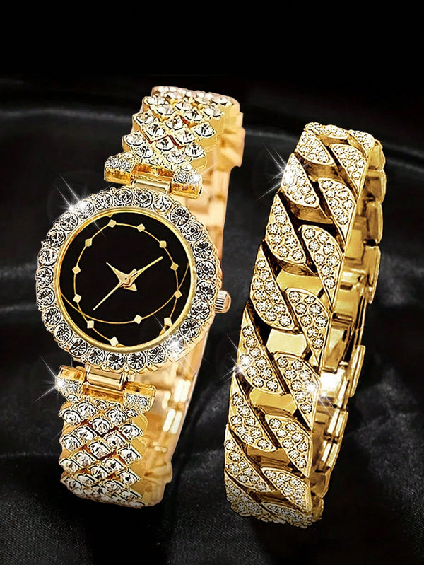 Shein - 2pcs Fashionable And Versatile Diamond Inlaid Quartz Women's Watch Set