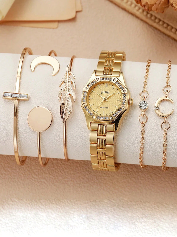 Shein - 6pcs/Set Women's Minimalist Round Quartz Watches With Steel Strap