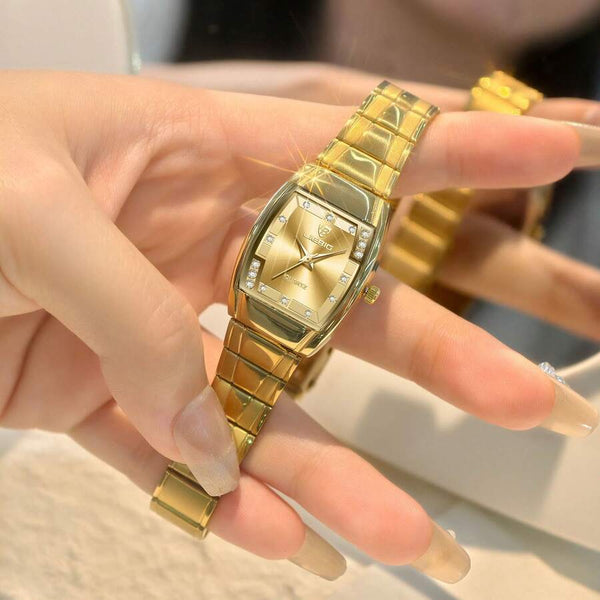 Shein -  1pc Women's Quartz Watch, Small Square Dial, Gold Stainless Steel Strap