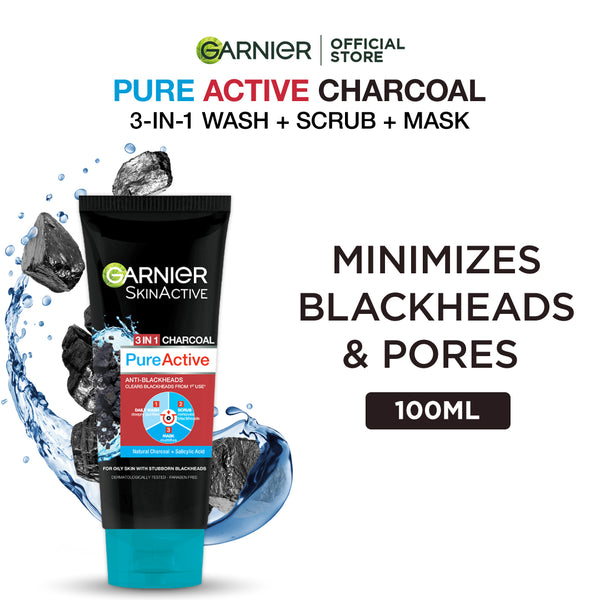 Garnier- Skin Active 3-in-1 Charcoal Blackhead Face Wash Mask Scrub, 100ml