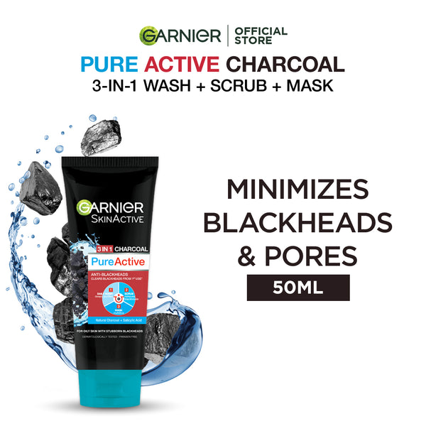 Garnier- Skin Active 3-in-1 Charcoal Blackhead Face Wash Mask Scrub, 50ml