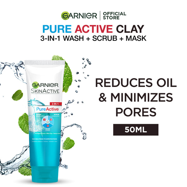 Garnier- Skin Active 3-in-1 Clay Face Wash Mask Scrub, 50ml