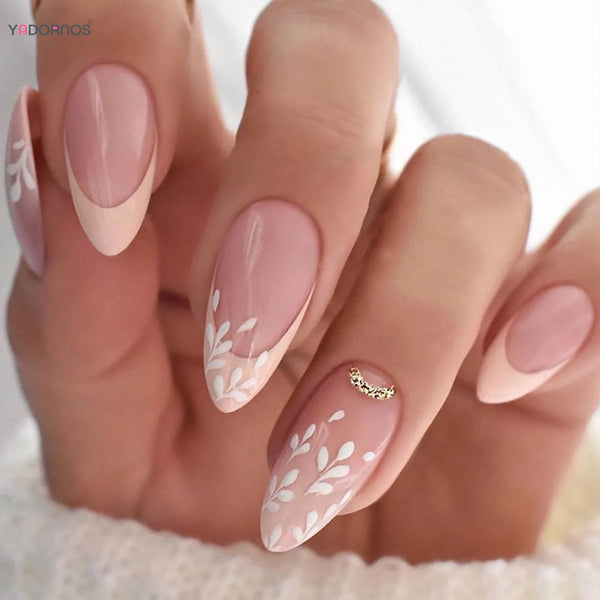 Shein - Elevate Your Style with 24pcs Long Almond Khaki French Leaf Pattern Fake Nail & 1sheet Tape & 1pc Nail File