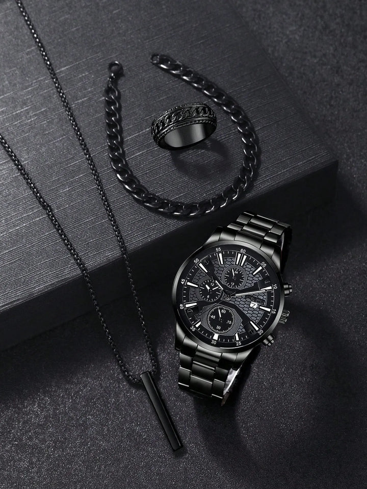 Shein - Fashion Men's Quartz Watch Set With Calendar Function, Zinc Al ...