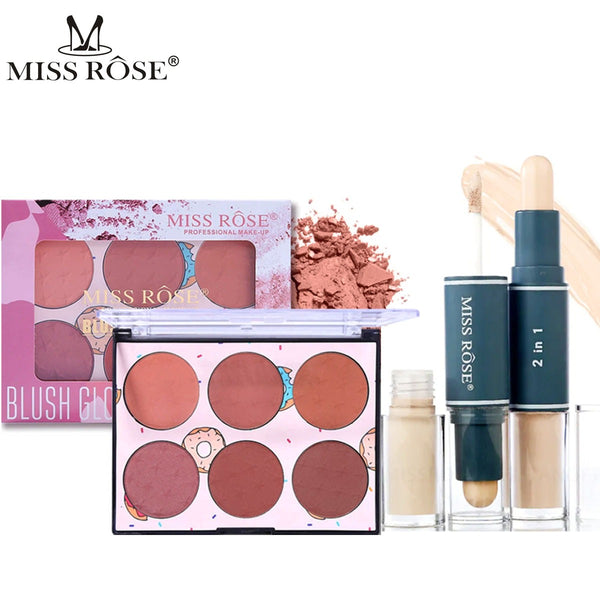 Miss Rose - New 2 PCS Set 6 Color Blush Glow Palette & 2 IN 1 Concealer (Liquid & Stick)