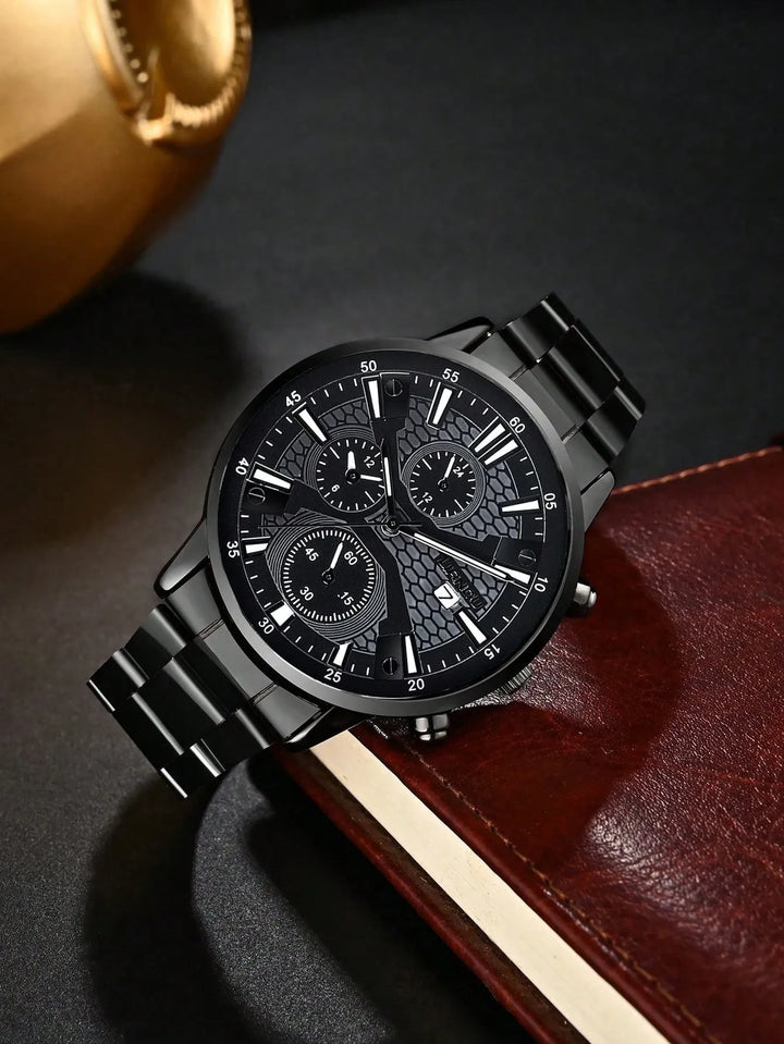 Shein - Fashion Men's Quartz Watch Set With Calendar Function, Zinc Al ...