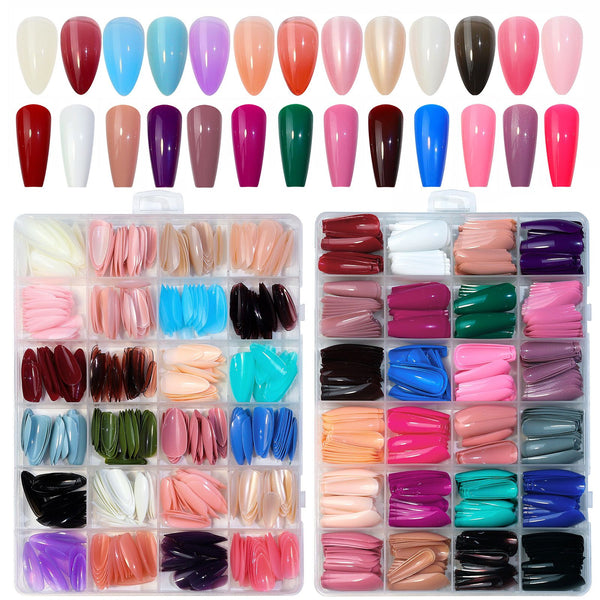 576Pcs False Nails Tips Short Coffin Almond French Artificial Nails Box (with Free Nail Jelly Glue Sticker + Nail Glue))