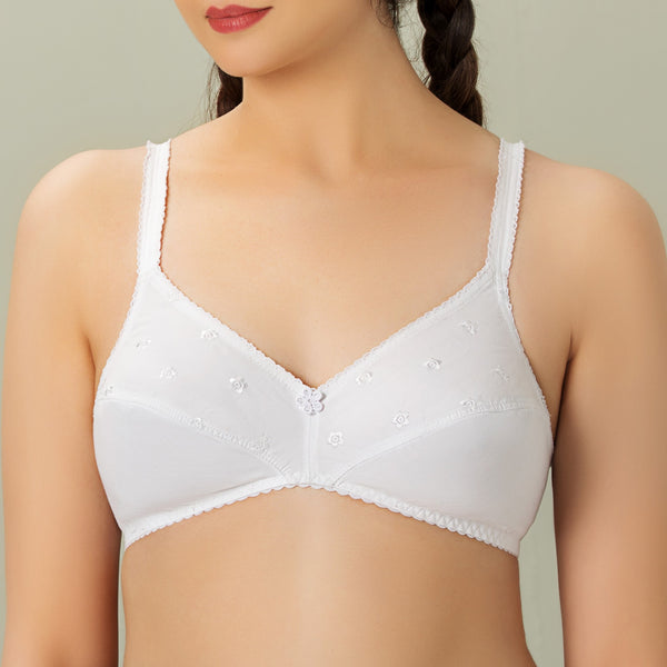 Bebelle - Tulips, Cotton embroidered Unpadded Bra - White