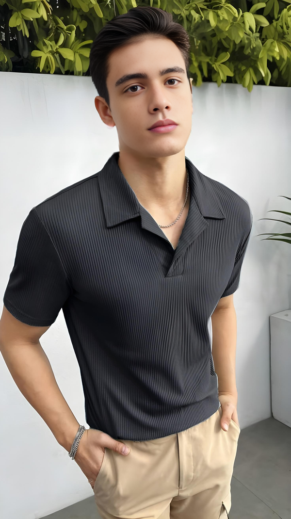 Vybe - Waffle Knitted Polo - Charcoal