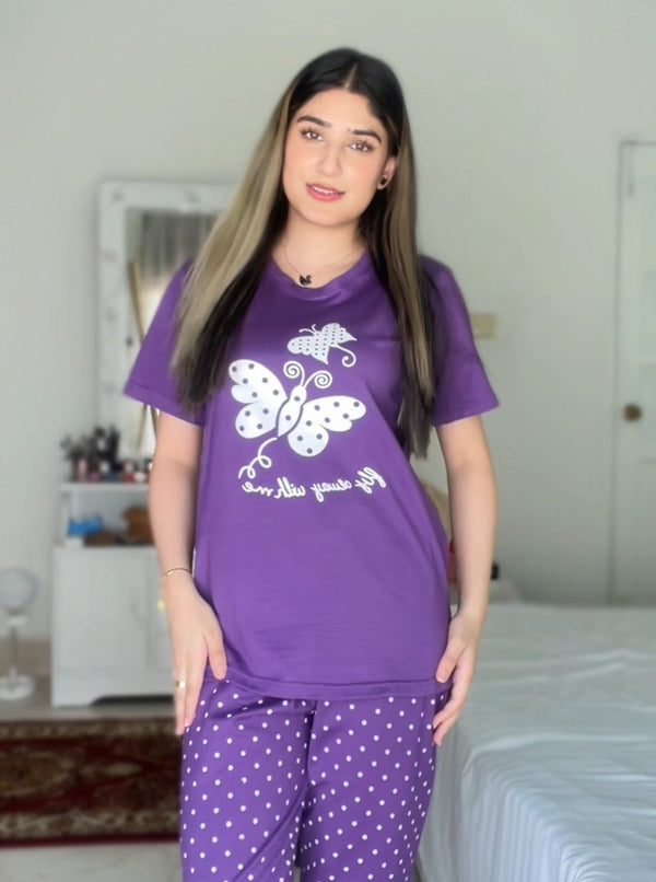 VYBE -  Purple Butterfly Printed PJ Suit