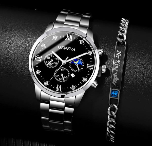 The Original Watches- Shein 2 pc Casual Business Men's Rhinestone Diamond Calendar Quartz Watch With Alloy Steel Strap