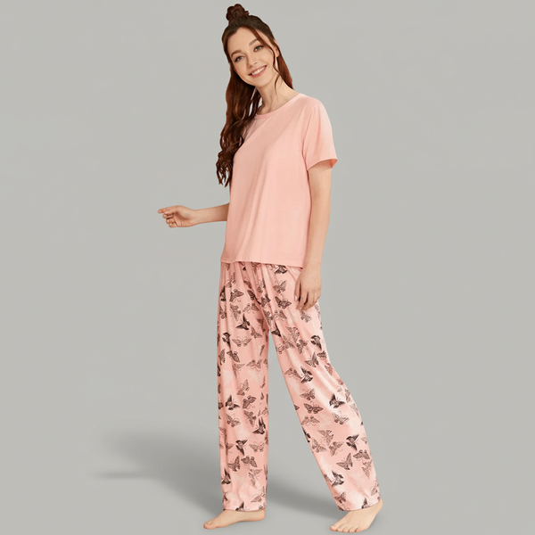Emerce - M- Baby Pink With Butterfly Printed Pajama Night Suit