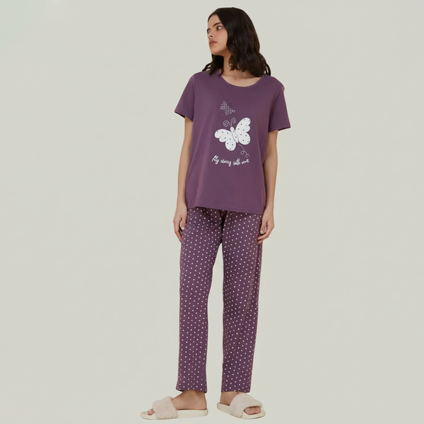 Emerce - M-Purple Butterfly Printed Night Suit