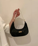 Shein - Pearl Chain Crescent Shaped Shoulder Bag Black