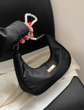 Shein - Pearl Chain Crescent Shaped Shoulder Bag Black