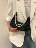 Shein - Pearl Chain Crescent Shaped Shoulder Bag Black