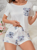 Shein - Women's Cute Koala Printed Round Neck Short Sleeve Top And Shorts Pajama Set
