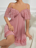 Shein - Women's Sexy Net Yarn Hollow Out Shoulder Nightgown