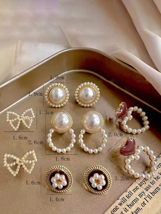 Shein - 5 Pairs Pearl Love Bow Flower Retro Earring Set Suitable For Daily Festival Wear