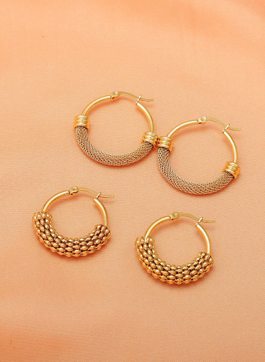 Shein - 3pairs European And American Personality Fashion Stainless Steel Circular Hollow Out Mesh Pattern Earrings