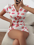 Shein - Women's Lips Print Pajamas Set With Lettuce Hem