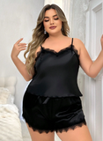 Shein - Plus Size Women's Lace Trimmed Satin Cami Top And Shorts Pajama Set