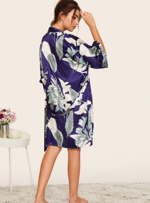 Shein - 1pc Botanical Print Silk-Like Kimono-Style Bathrobe