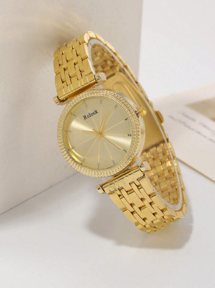 Shein - 1pc Women Gold Stainless Steel Strap Fashionable Round Dial Quartz Watch, For Daily Decoration