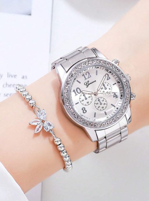 Shein - 1pc Rhinestone Decor Round Dial Pointer Quartz Watch & 1pc Chain Bracelet