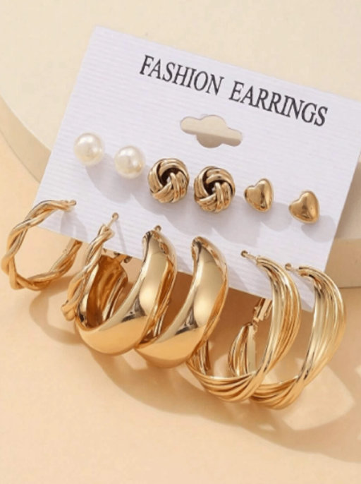 Shein - Geometric Design Gold-Color Earrings Set For Women With Imitation Pearl Studs, Trendy Minimalist Jewelry Gift