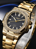 Shein - 1pc Men Automatic Mechanical Watch With Calendar Function, Steel Band, Butterfly Clasp, Water Resistant, Luxurious Rhinestone Decoration - Gold