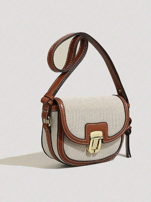 Shein - Fashion Canvas Colorblock Crossbody Bag With Lock Buckle, Small Square And Round Bag,