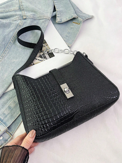 Shein - Fashionable Luxury Solid Color Crocodile Embossed Shoulder Bag