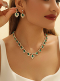 Shein - 3pcs Set Green Glass Water Drop Peacock Crystal Women Earrings & Necklace Wedding Jewelry